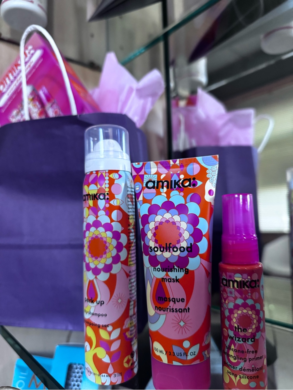 amika Pink & Purple Floral Graphic Hair Care Trio